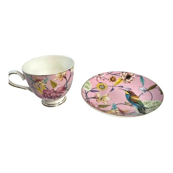 Shabby Chic Fine Porcelain Teacup & Saucer Set Floral Bird Design Pink 3” Cup - Picture 8 of 9